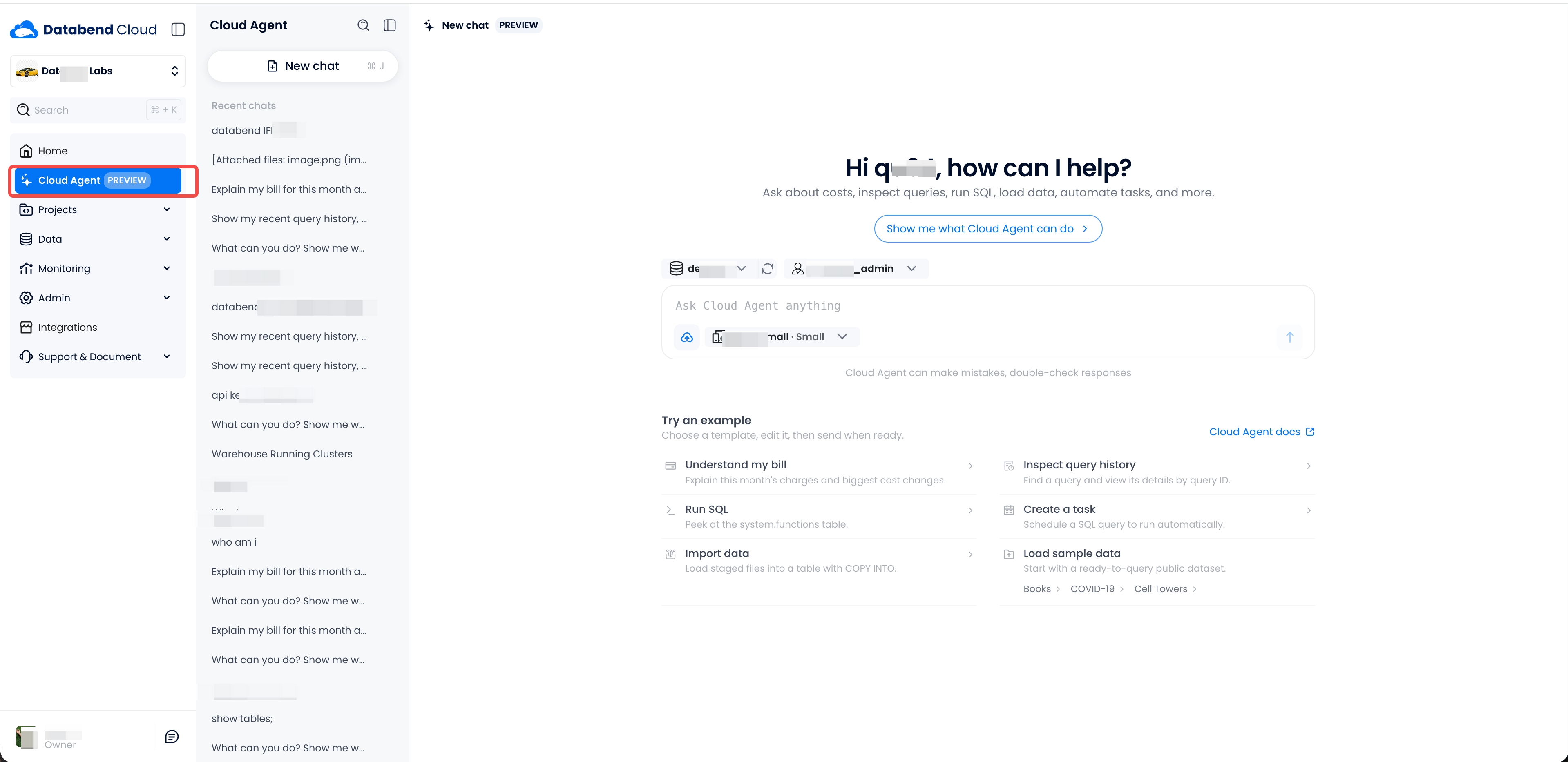 The Cloud Agent menu item and the full-page Cloud Agent view