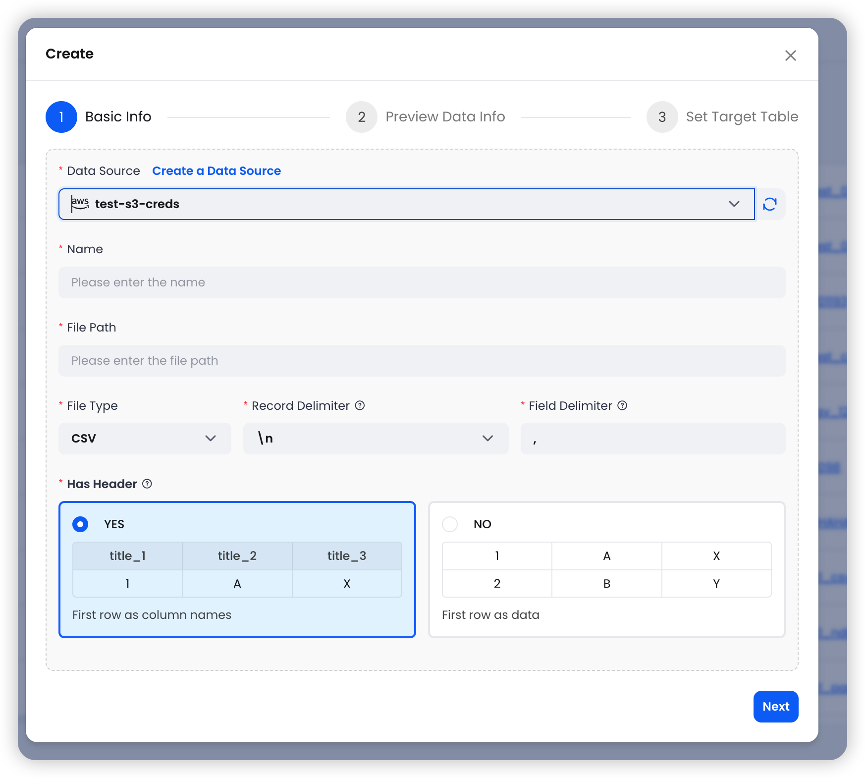 Create S3 Task - Basic Info